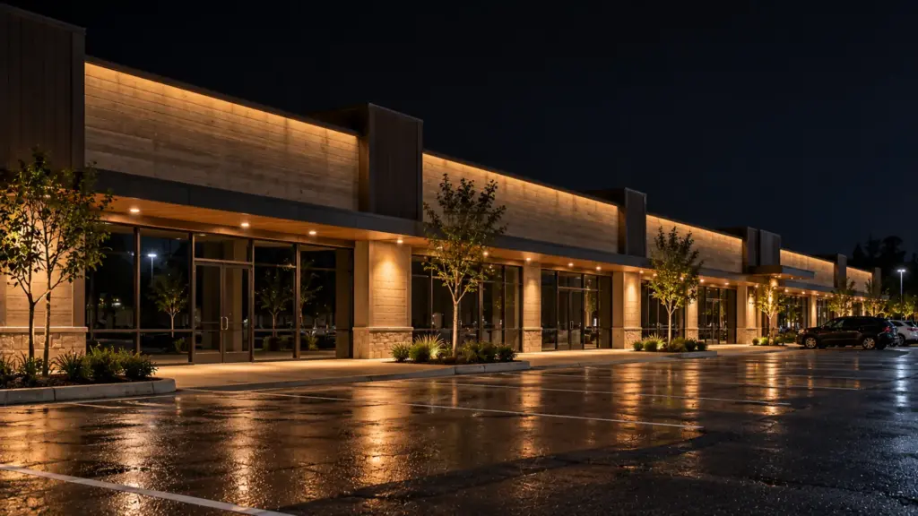 Retail center facade after curfew with the wall washer dimmed low and only the entrance and walkway lights at full output
