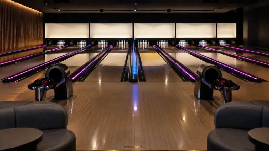 RGBW LED strip on bowling lane cappings glowing magenta, one section showing blue only