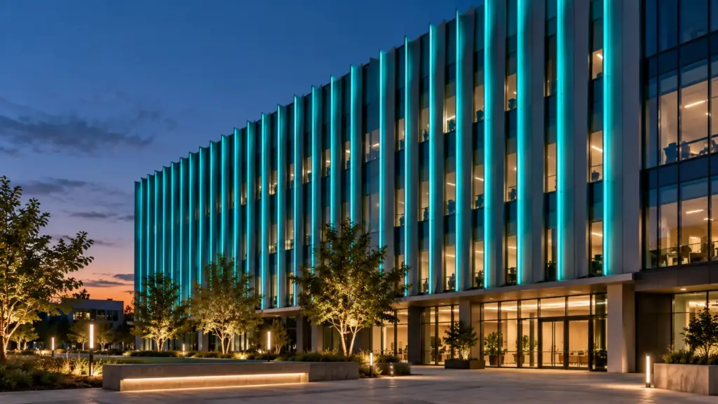 RGBW LED strip on facade fins, every fin on the same controller holding the same teal