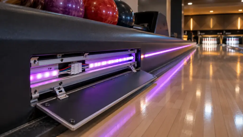 Open service panel under a bowling lane ball return showing an RGBW strip joint