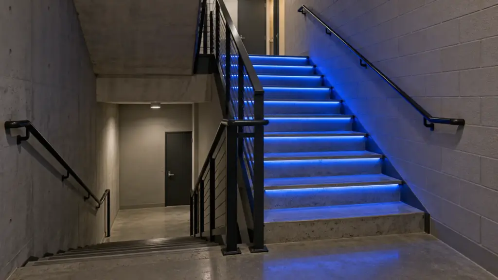 RGBW LED strip lighting the upper flight of a concrete stairwell in blue