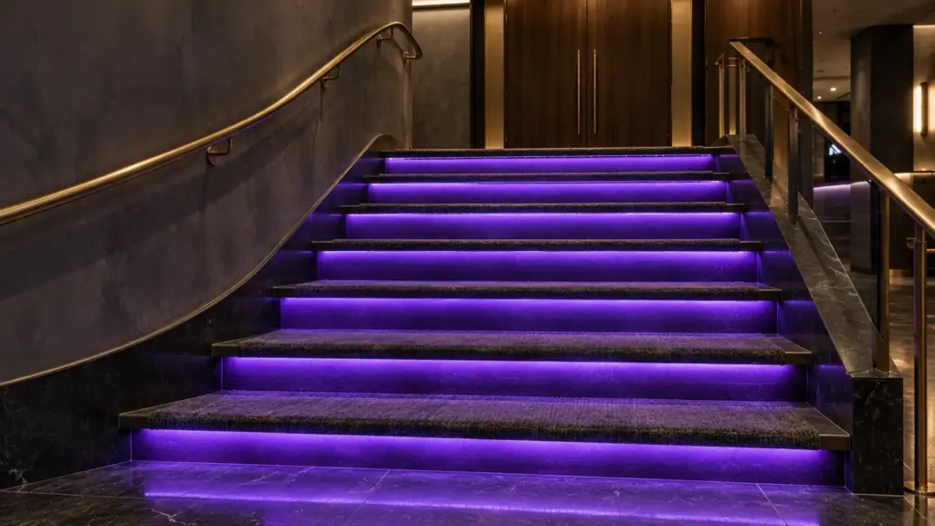 RGBW LED strip set to violet along the stair edges of a theater foyer