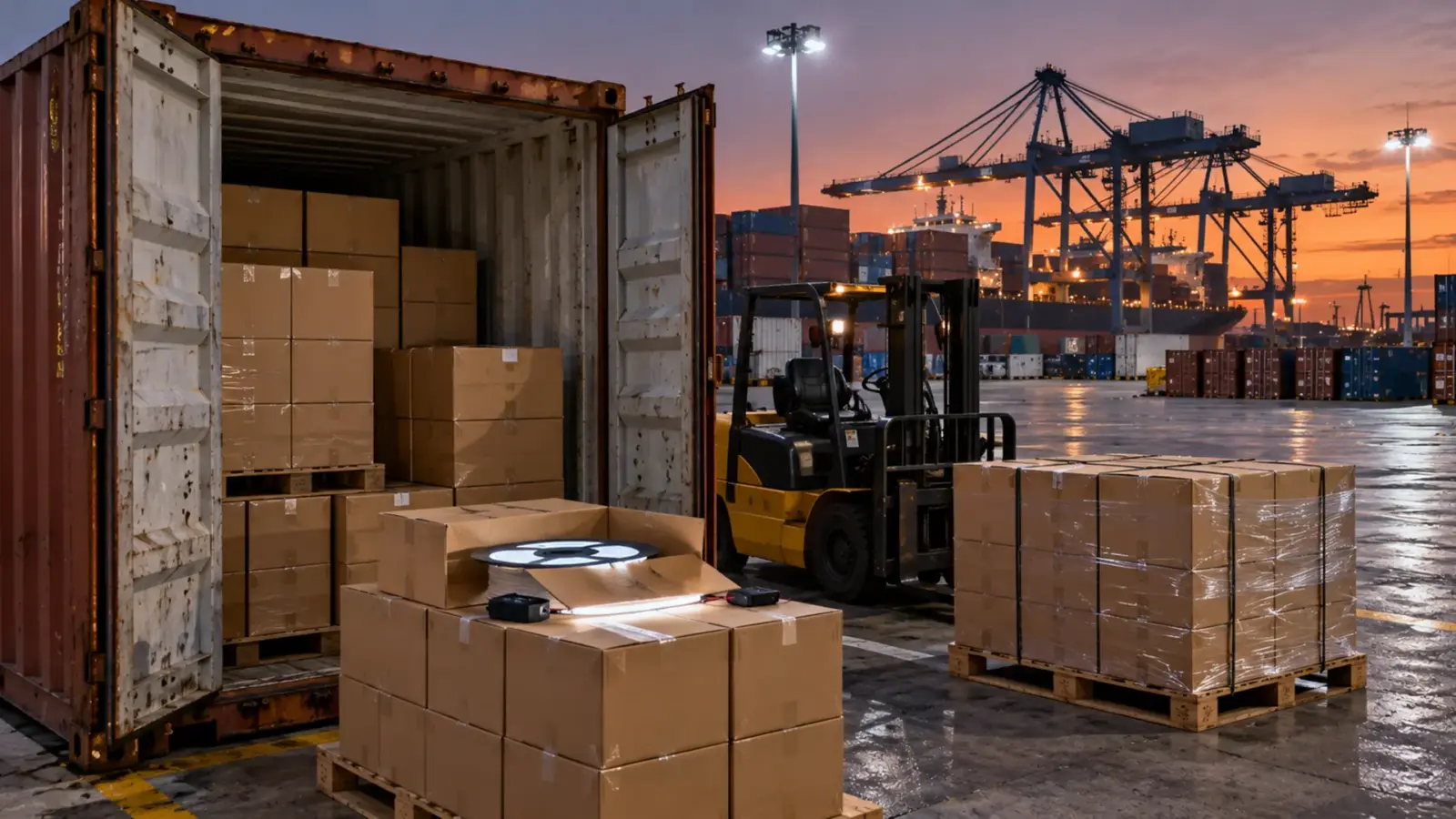 Container being unloaded at a port terminal, one RGBW strip reel opened and lit for a check