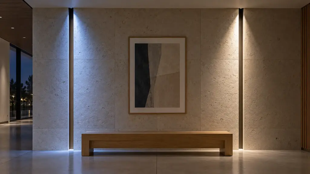 Two wall slots on a stone wall, the left in bluish RGB mixed white and the right in clean white from an RGBW strip's white chip