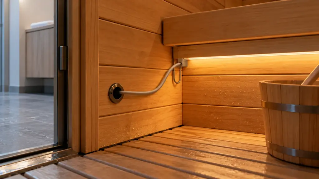 Sauna wall detail with a heat-rated lead leaving through a sealed grommet and no joint inside the hot room