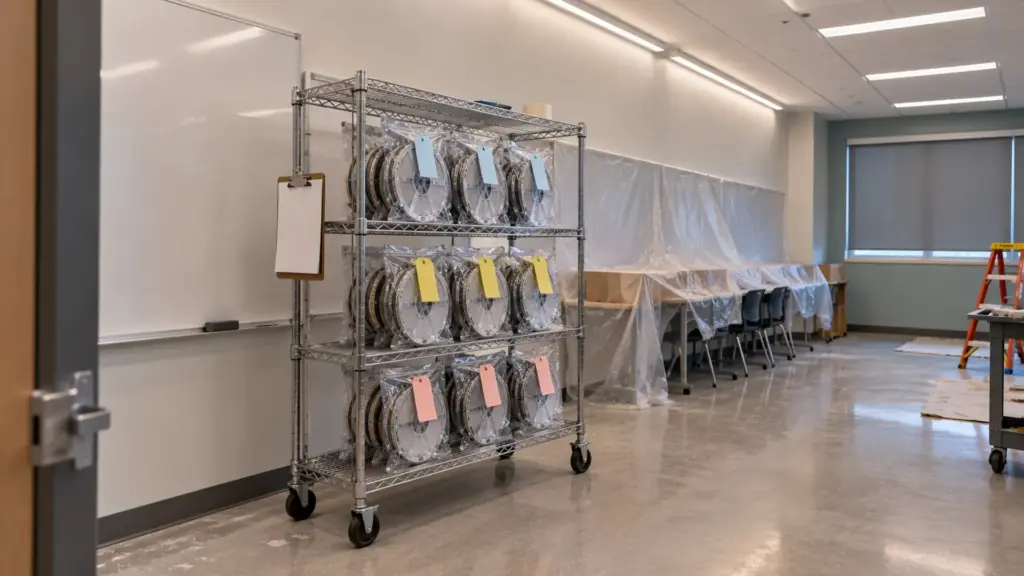 School classroom used as a staging room with LED strip reels in original bags on a rolling rack, labeled by area