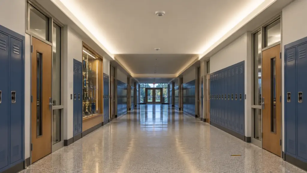 School corridor at 4000K with the cove on both walls held at half level in the vacant zones and one occupied bay at full output