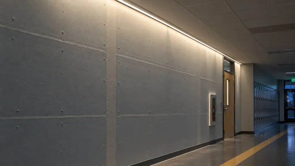 Ceiling channel grazing light showing drywall joints on a school corridor wall