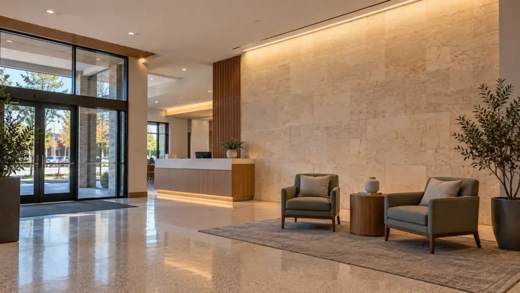 Entry lobby of a senior community with a linear wall washer lighting a stone wall