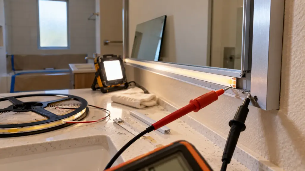 Senior-living apartment bathroom with a cut LED strip end near an aluminum mirror channel and a meter probe touching the channel