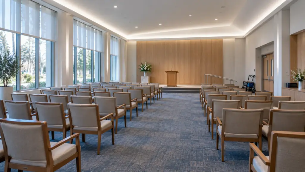 Chapel in a senior living community during a morning service setup with a tunable white LED strip perimeter cove set to 5000K