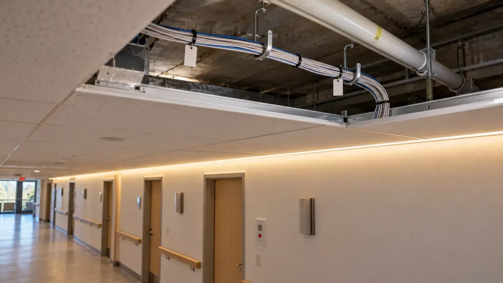 Labeled low-voltage cable bundle on J-hooks above a lifted ceiling tile in a corridor