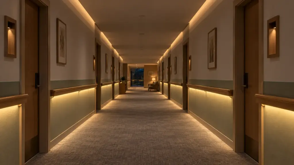 Senior living corridor at night with LED strip under the handrails and a dimmed ceiling cove