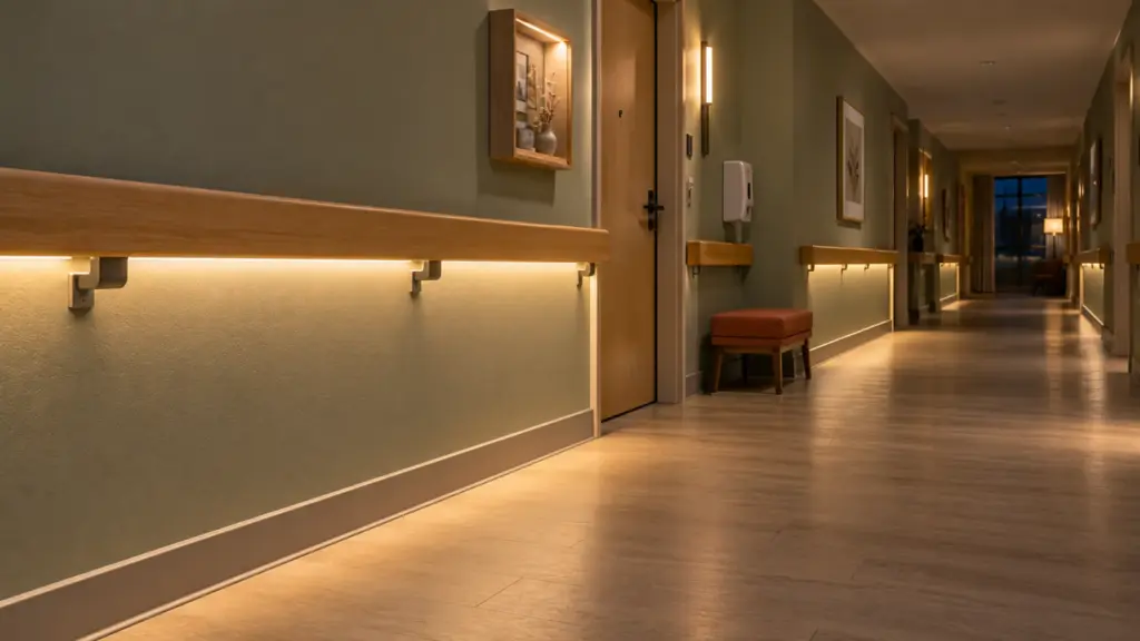 IP65 LED strip night path under the handrail of a senior living corridor