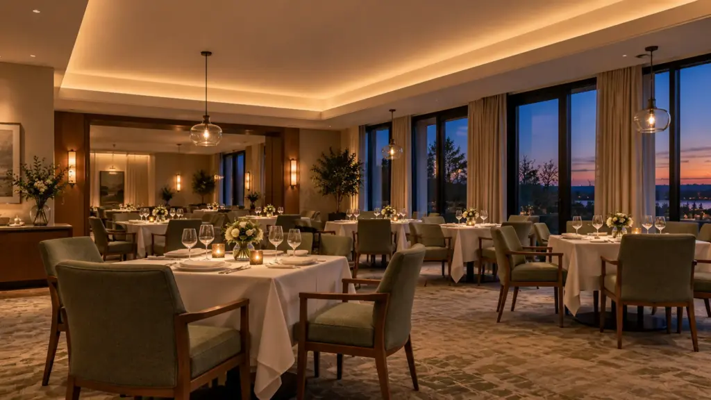 Senior living dining room in the evening with a ceiling cove of dim-to-warm LED strip and pendant lights over the tables