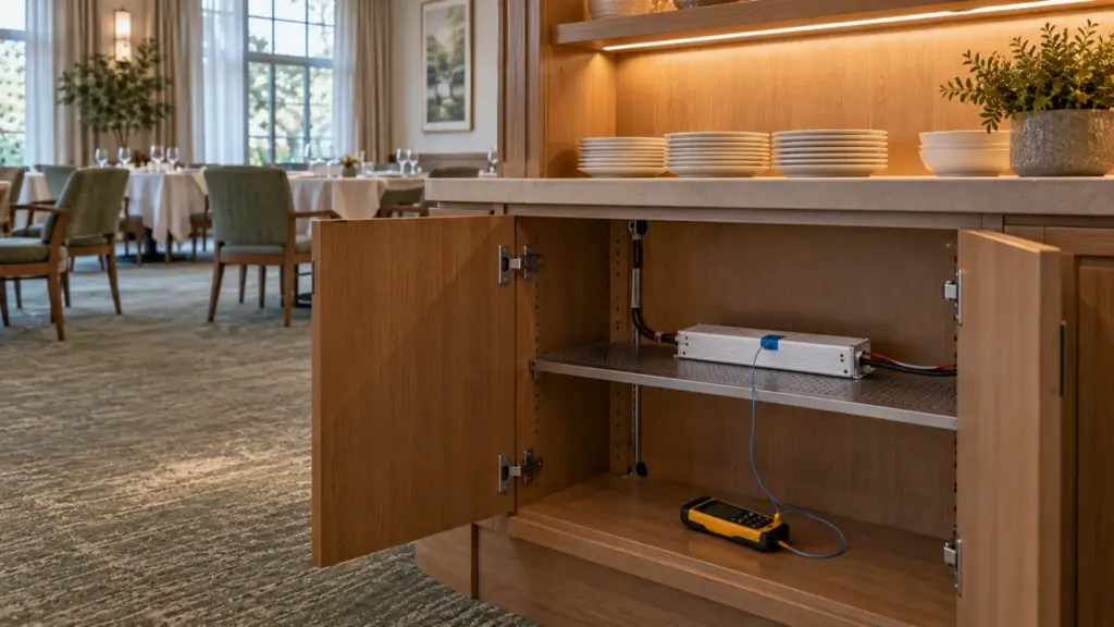 Senior-living dining room sideboard cabinet open to show a driver on a shelf with a handheld thermal reading