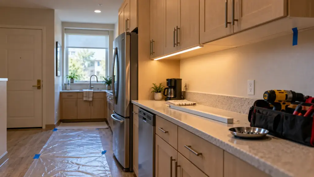 Senior-living apartment kitchenette with floor protection while a surface LED channel is fitted under the upper cabinets