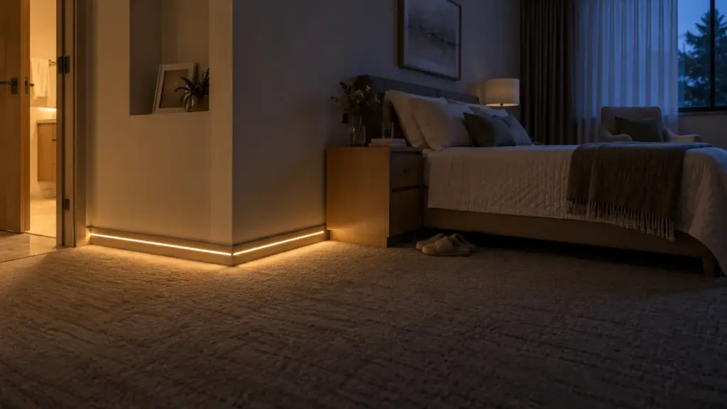 Senior living bedroom at night with a low LED line along the base of the bed wall for a night path