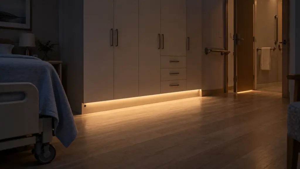 Wardrobe toe kick light at night level in a senior living resident room mockup