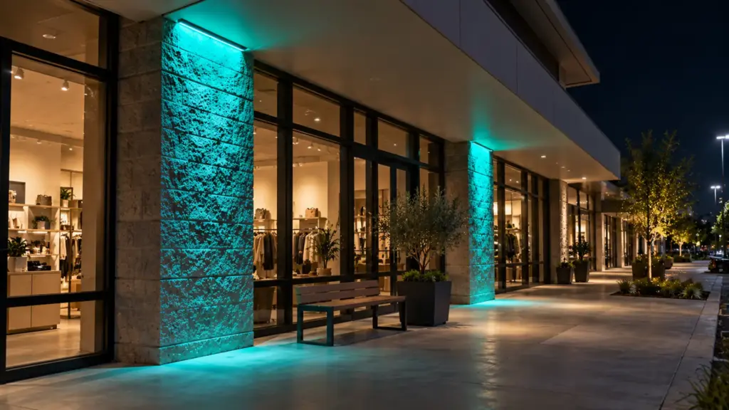 RGBW wall washer under a shopping center canopy edge washing storefront piers in teal