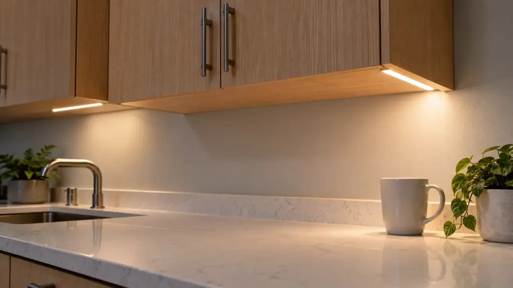 Two short cabinet returns side by side, one strip ending in a dark stub on a long cut interval, the other lit almost to the edge on a fine one
