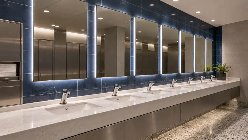 Small-gap backlit mirrors in an airport restroom: side-view LED strip gives a narrow, crisp halo