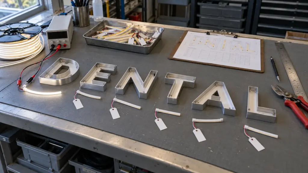Labeled free-cut COB strip pieces laid beside sign letter strokes on a bench