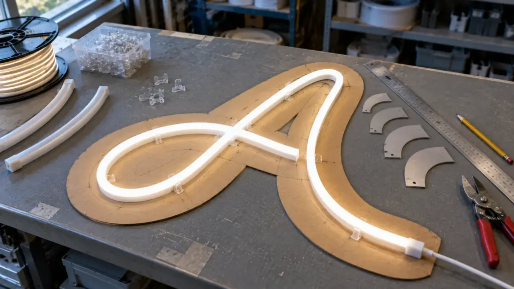 Neon flex bent around a cardboard template on a sign shop bench