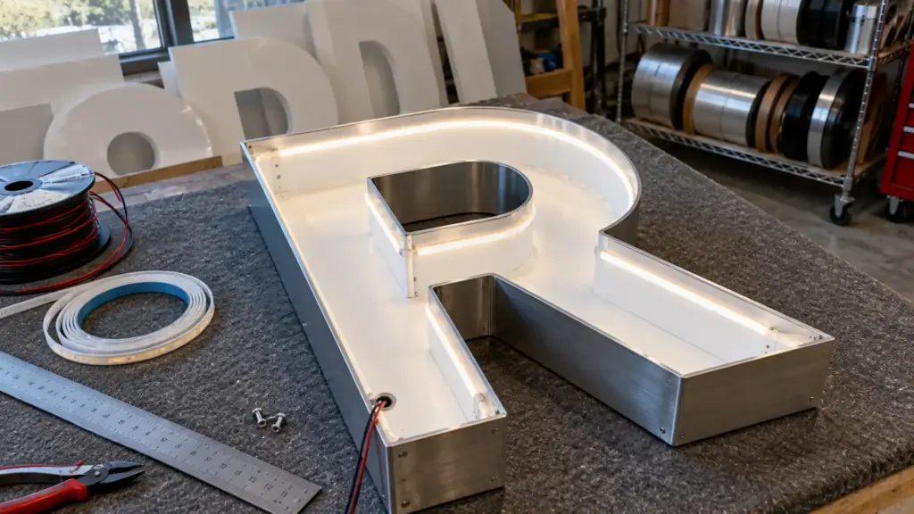 Open-back aluminum channel letter with side-view COB strip laid along the return