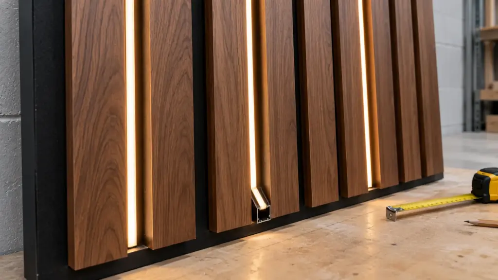 Close-up of a slat panel mockup with a narrow COB strip in a compact channel sitting below the slat faces in one groove