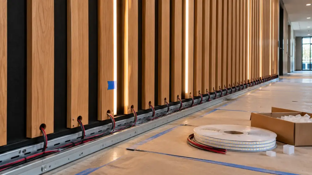 Slat wall during installation with pre-drilled feed holes at the base of every groove and low-voltage cables routed behind the base trim