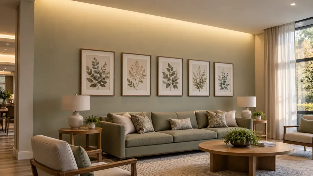 Smooth plaster lounge wall evenly washed by linear LED wall washer lighting