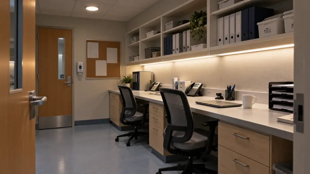 Staff-only office and charting workroom with LED strip in an aluminum channel with an opal cover under the wall shelves at 4000K