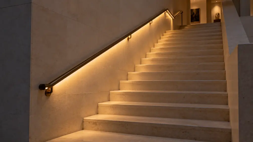 Stair handrail in a museum with a 3 mm COB LED strip set in a narrow groove under the rail, lighting the treads