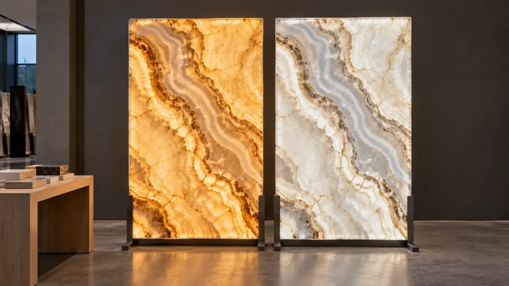 Two onyx slabs side by side in a stone showroom, one backlit warm at 2700K and one cool at 5000K, showing how color temperature changes the veining