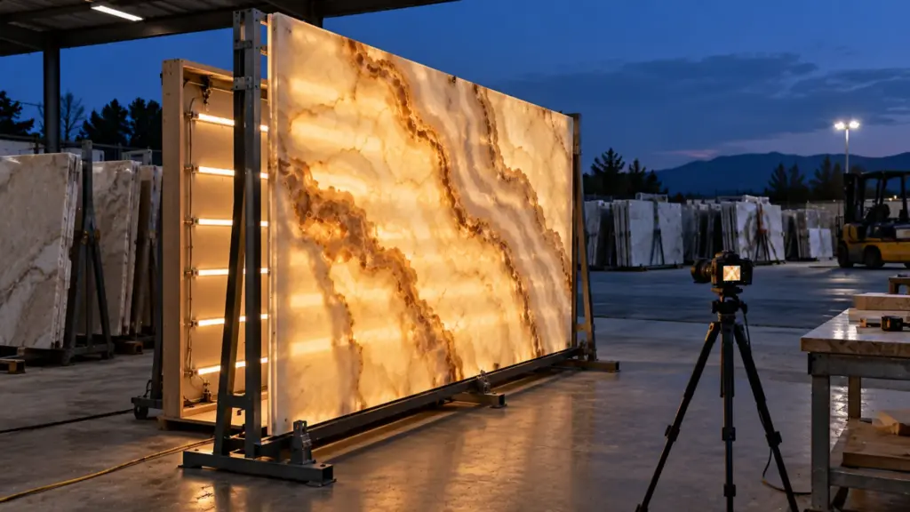 Onyx slab on a test frame in a stone yard, backlit with a strip rig to check evenness before the full order