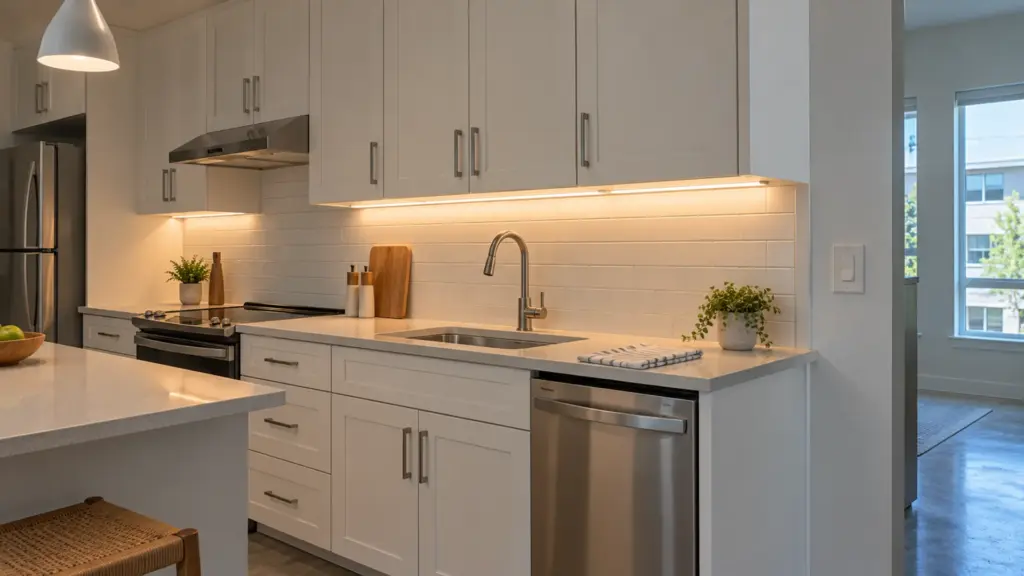 Student-housing apartment kitchen with a lit under-cabinet LED strip and a wall dimmer by the entry