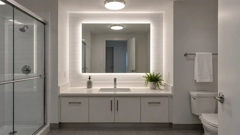 Student-housing bathroom with a backlit vanity mirror lit by 4000K CSP LED strip matching the 4000K ceiling fixture above