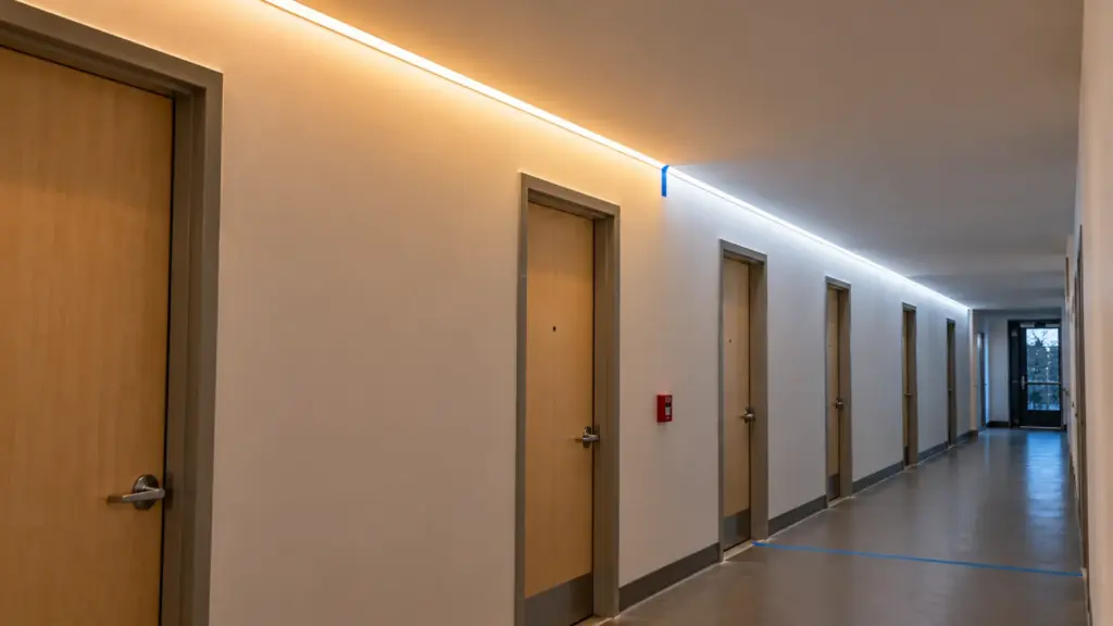 Student housing corridor mockup with a tunable white cove at two color temperatures