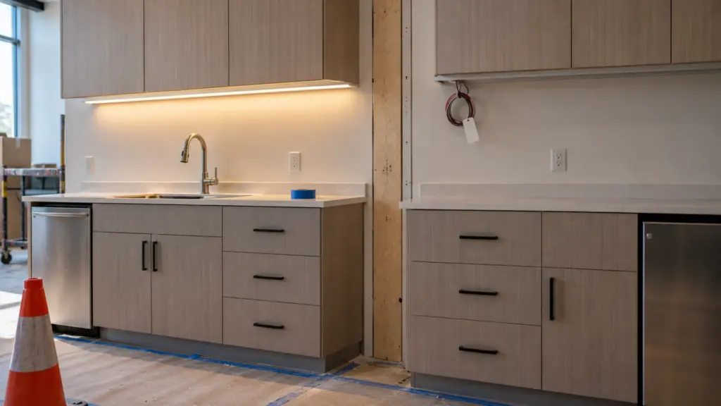Student housing kitchenette at the seam between two modules with under-cabinet channel ends capped and a labeled lead coiled on the right module