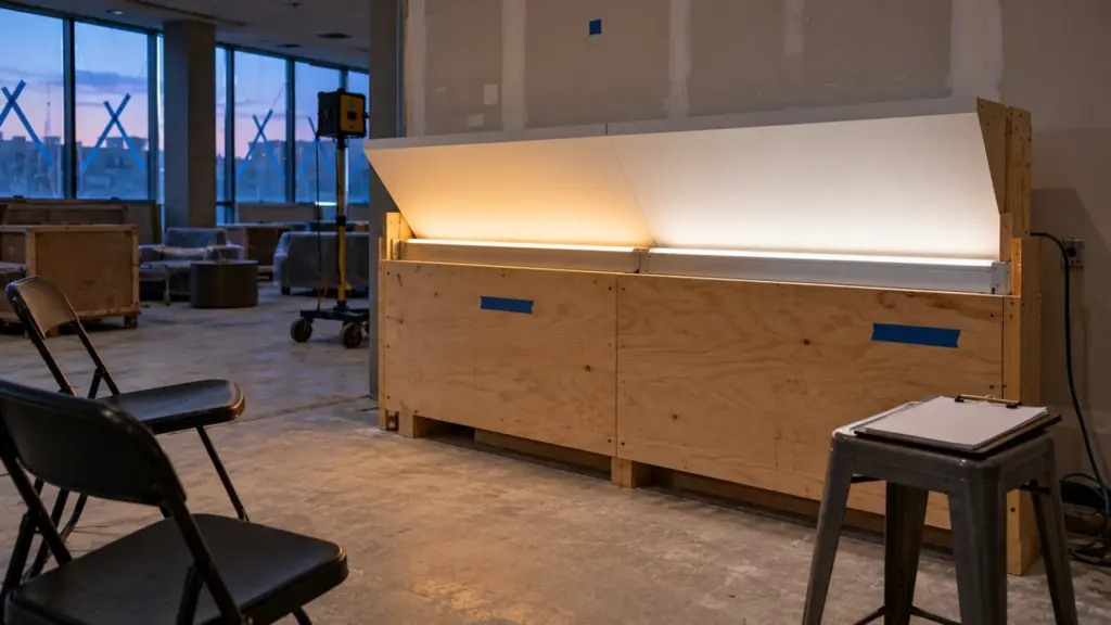 Student-housing lounge with a plywood mockup cove showing two LED strips side by side at 3000K and 4000K