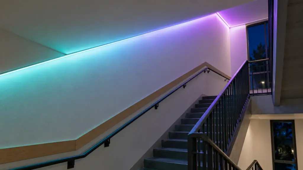 45 degree corner LED channel in a stair hall washing the wall with teal and violet