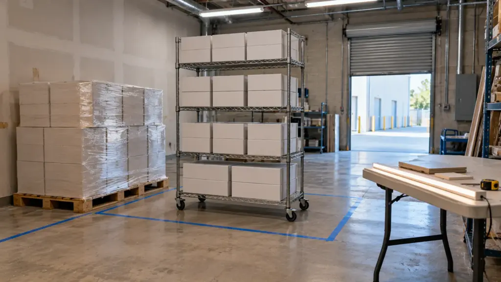 Student-housing storage room with LED strip cartons split into two groups on a rolling rack, one group set aside