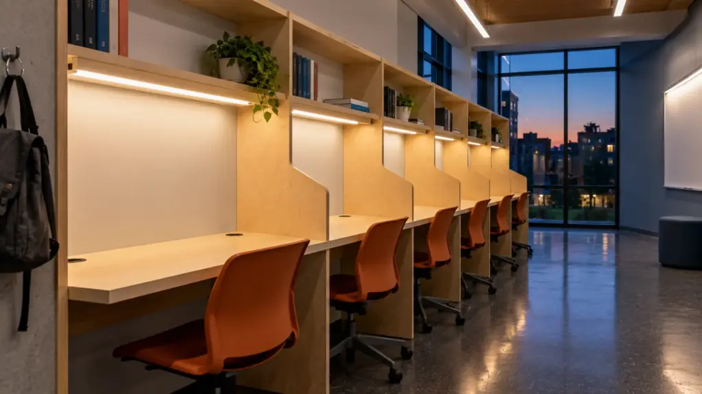 Student housing study lounge with LED strip channels under each built-in desk shelf