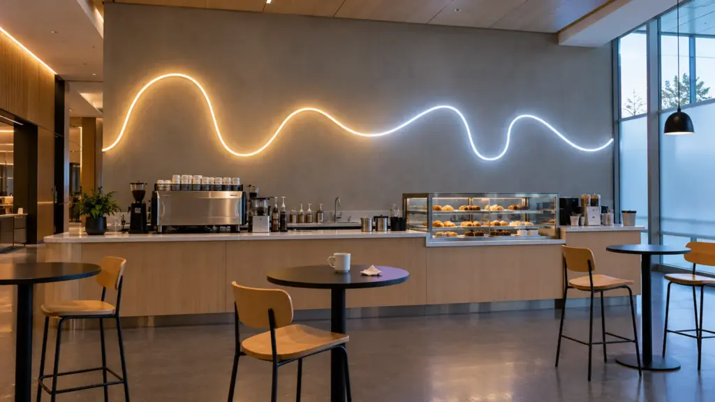 University student union cafe sign wall with tunable white neon letters glowing warm on the left half and cool on the right half