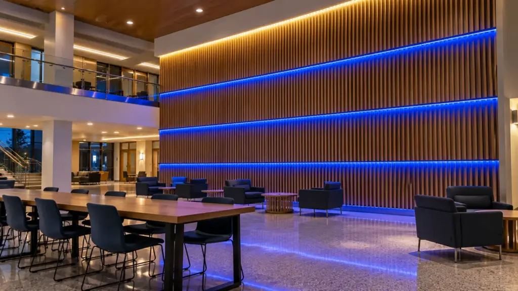 Student union feature wall lit in school colors with RGBW LED strip coves