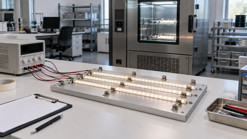 Testing laboratory bench with lengths of LED strip mounted on a test fixture before a certification test
