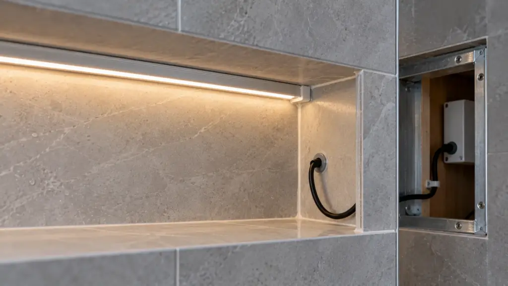 Detail of a tiled niche with a strip channel, sealed end cap, silicone bead at the tile joint and a lead leaving through the back