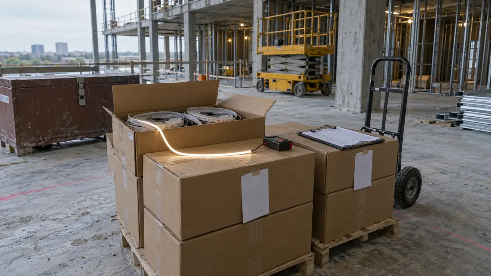 Cartons of LED strip reels on a pallet at a building site, one length lit and tested beside a delivery clipboard