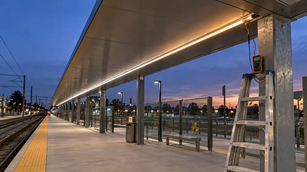 Transit platform canopy with a long LED strip run, a meter clipped to the far end of the strip to read the voltage